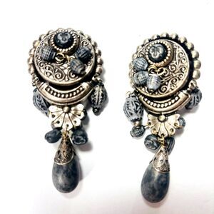 Vintage 80's Earrings Denim Blue Beads Dangle Clip On Western Boho Silver Tone
